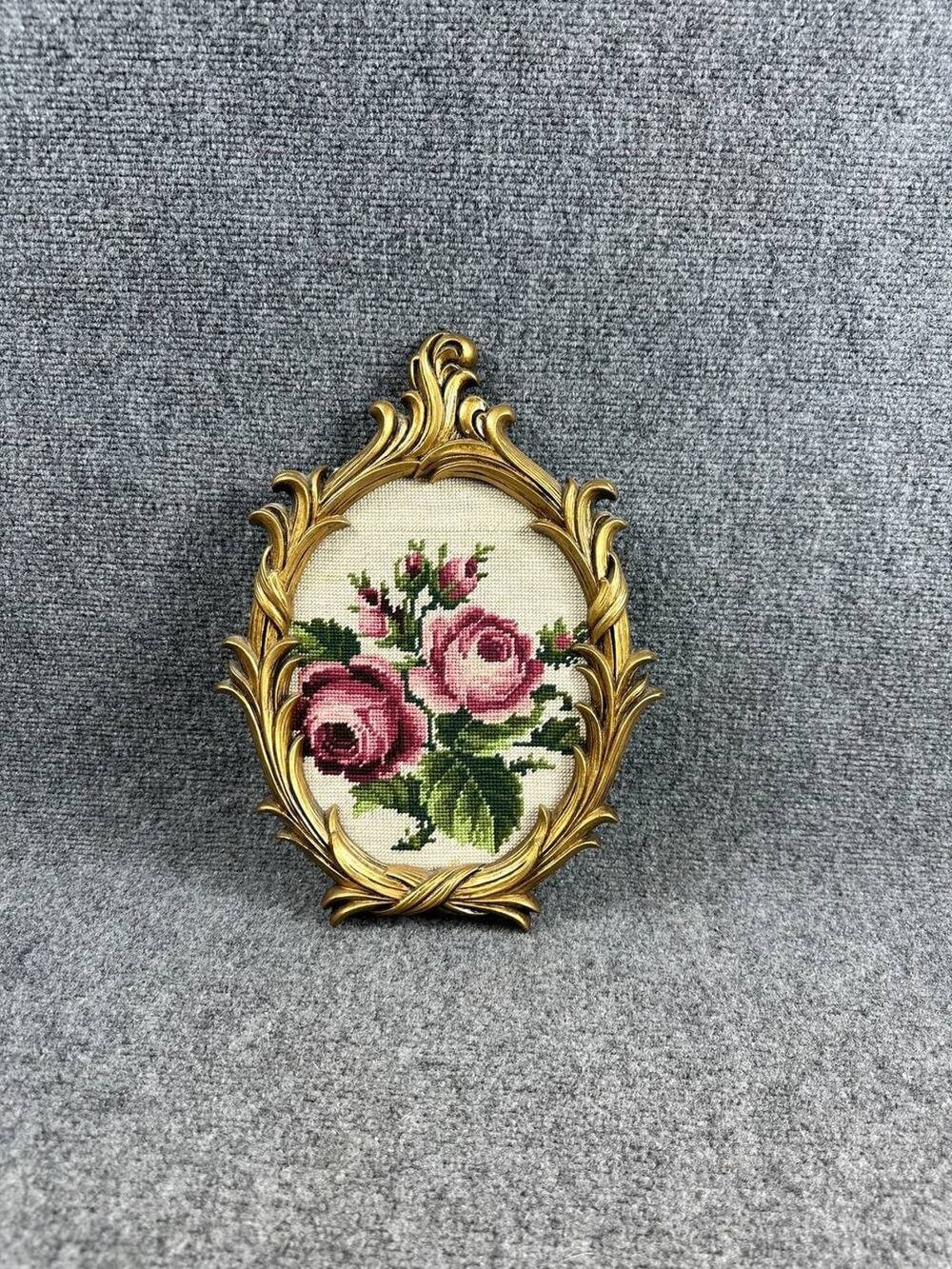 Vintage Turner Wall Accessory Framed Needlepoint Roses Convex Glass USA